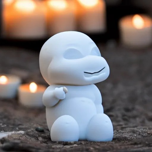 a white marble statue of reddit snoo surrounded by lit Stable