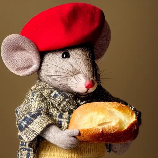 french mouse wearing beret and holding bread, Stable Diffusion