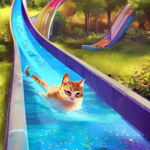 cat sliding down a water slide, water park, cat having Stable Diffusion