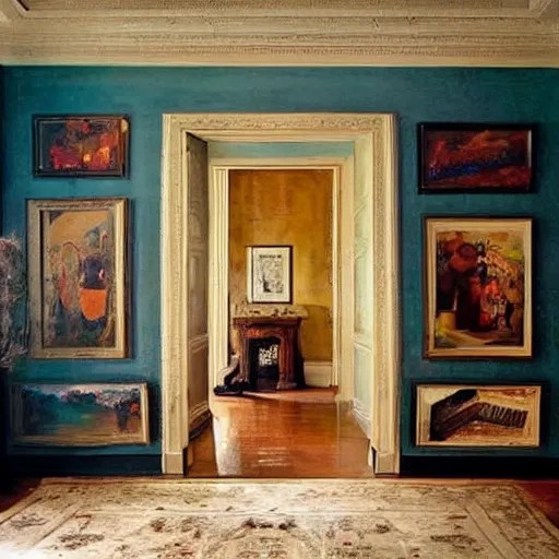 giant mansion room with walls filled with modern art Stable Diffusion