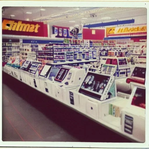 “Walmart electronics department in 1990. Polaroid” Stable Diffusion