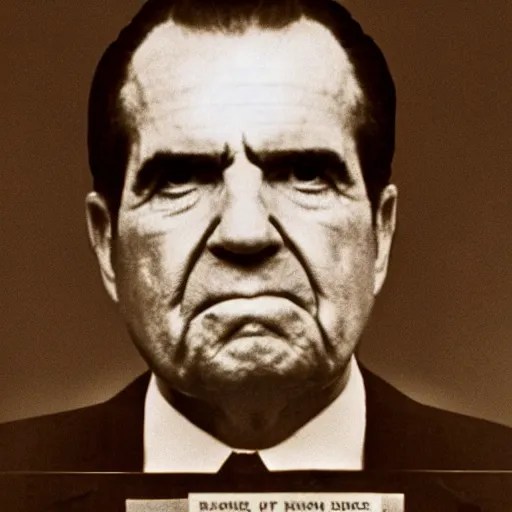 mugshot of Richard Nixon holding prisoner number board Stable Diffusion