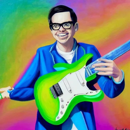 a painting of rivers cuomo playing his green electric Stable