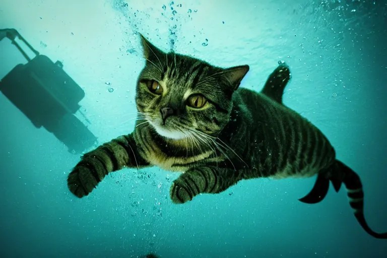 a scuba diver cat swimming underwater, photorealistic Stable Diffusion