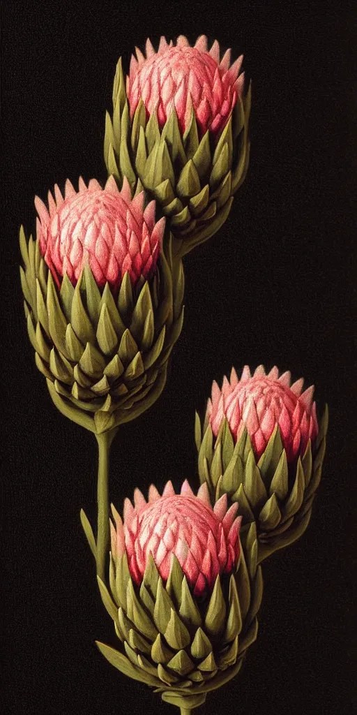 detailed king proteas and pincushions against a black Stable