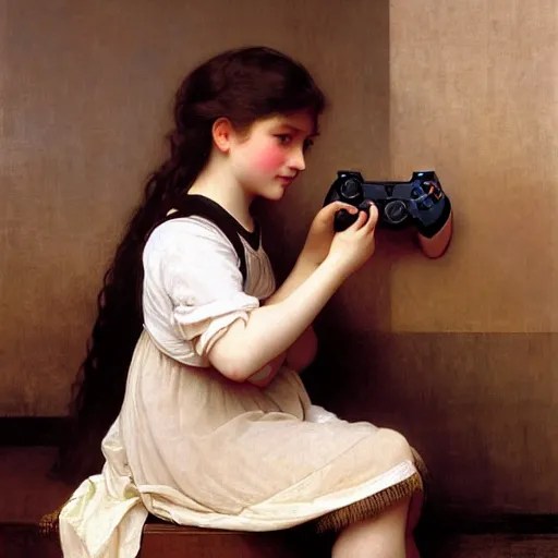 Painting of young girl. Playing Xbox. Art by William Stable Diffusion