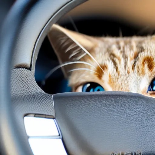cat driving a car with its paws on the wheel, photo, Stable Diffusion