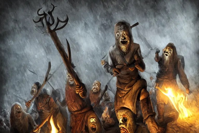 villagers with torches axes and pitchforks, screaming Stable Diffusion