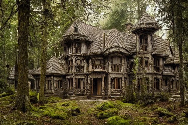 photograph of a fantasy style woodland mansion in an Stable Diffusion