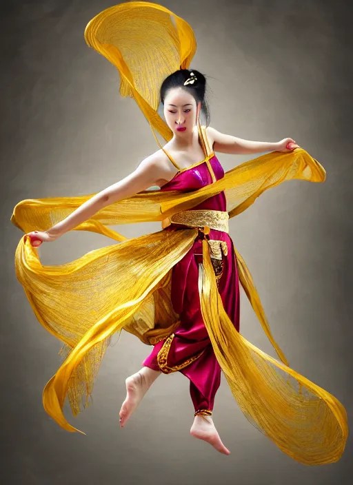full body portrait of a dancer throwing silk belts, Stable Diffusion