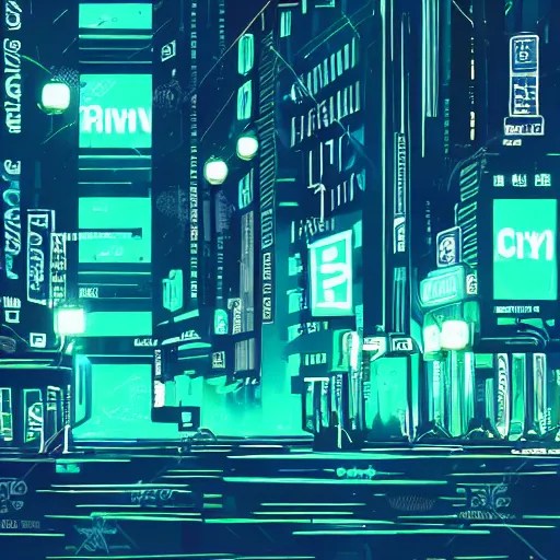 a blue and green neon city in the style of blade runner Stable