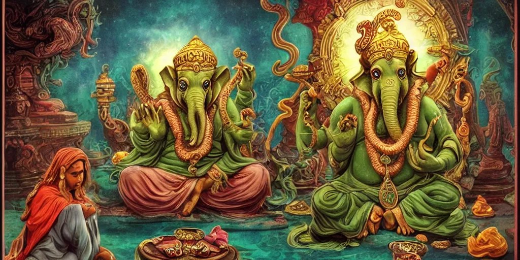 cute cthulhu, ganesh and jesus inside the palace of Stable Diffusion