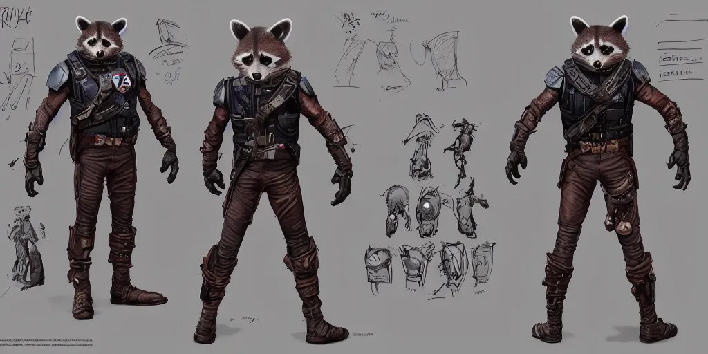 rocket raccoon, character sheet, concept design, Stable Diffusion