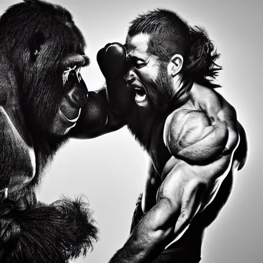 a muscular man punches a raging gorilla in the face Stable Diffusion