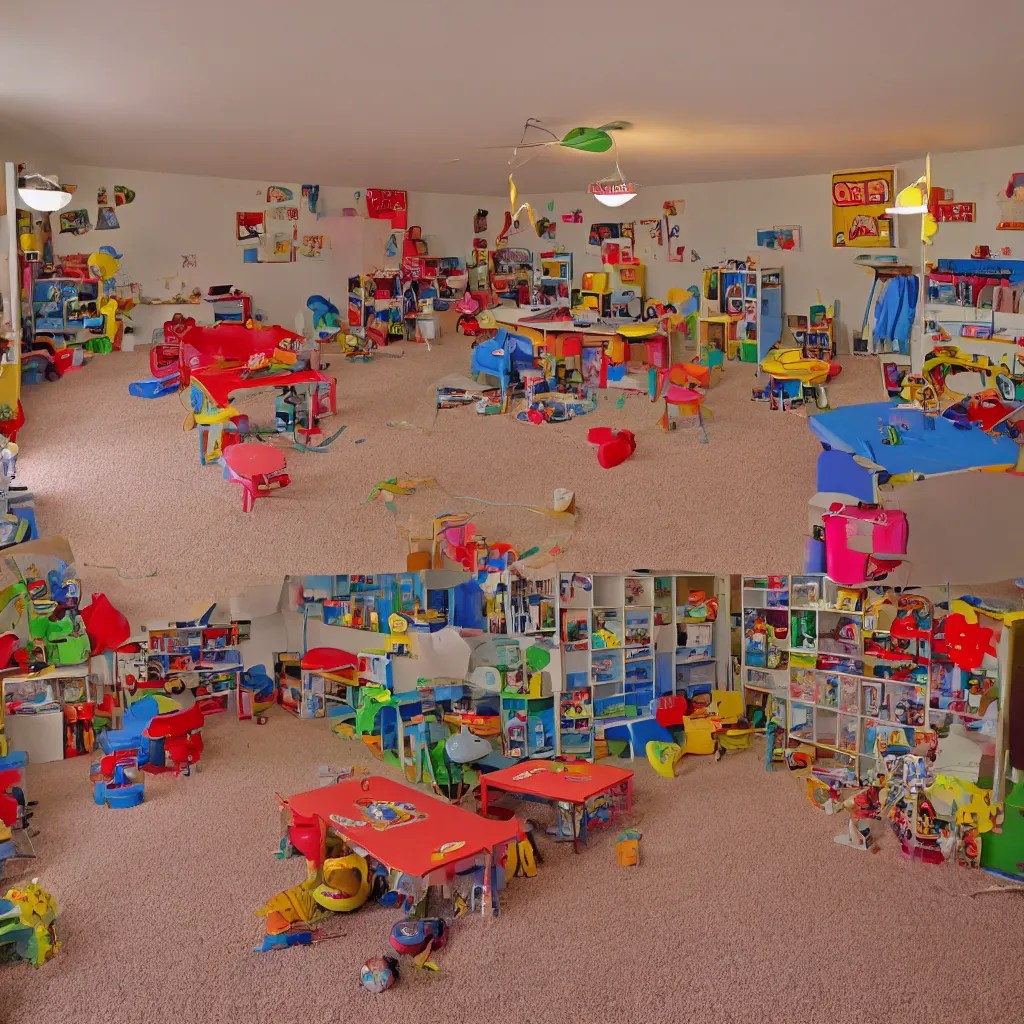 retro 1 9 9 0 s playroom in the basement, carpeted, Stable Diffusion