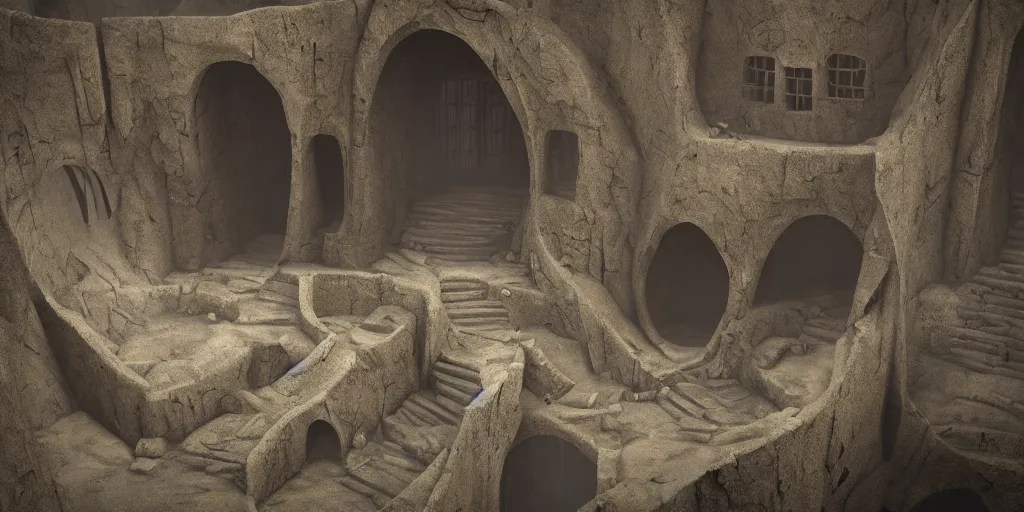 a round bottomless chasm, houses are carved into the Stable Diffusion