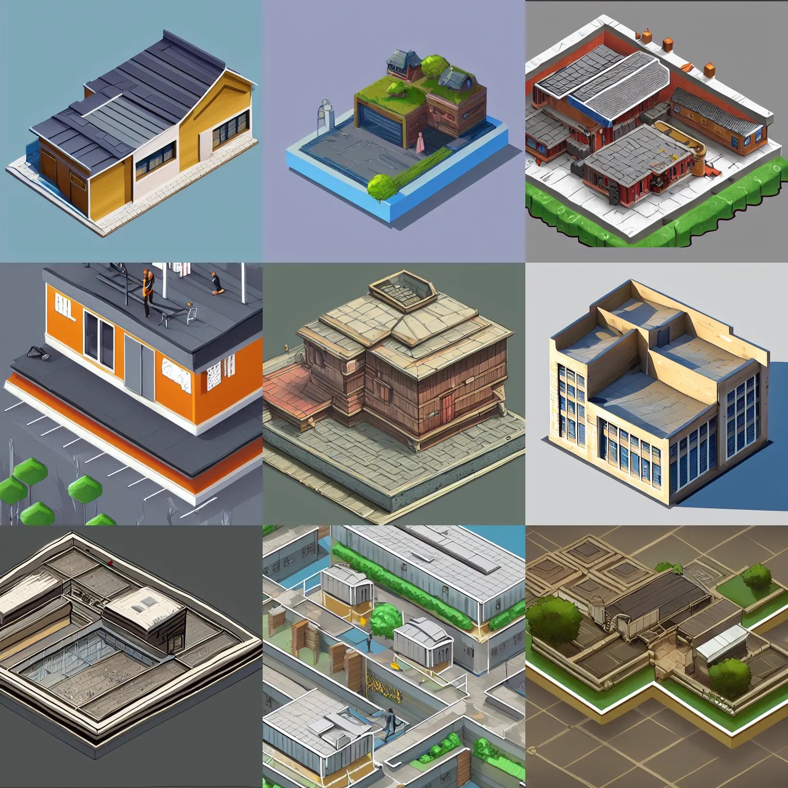 isometric house, commercial flat roof building, Stable Diffusion