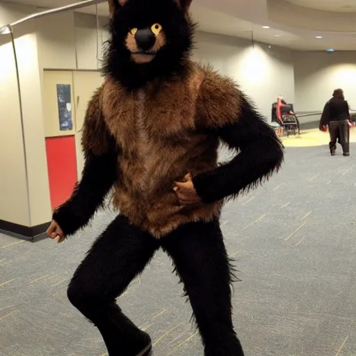brown wolf furry costume and black suit, convention Stable Diffusion