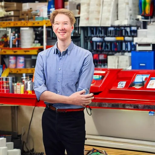 tom scott wearing the iconic red shirt while working Stable Diffusion