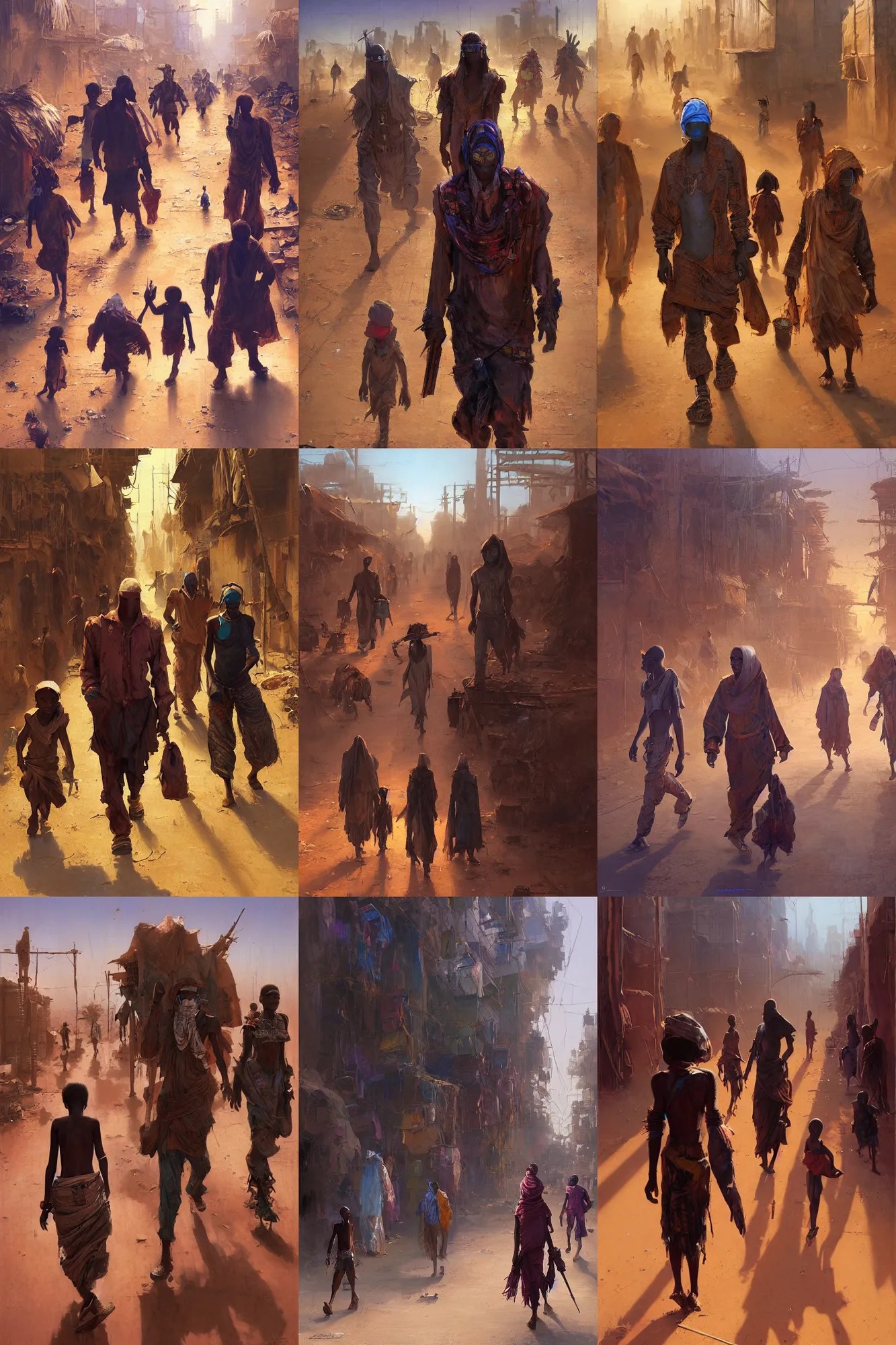 African Cyberpunk Wizards walking down as street in a Stable