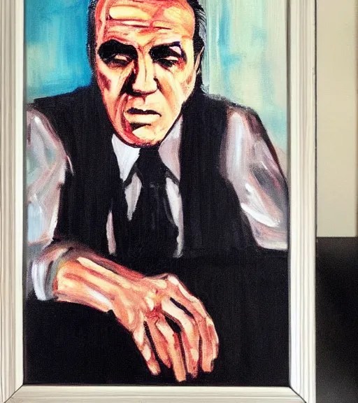 framed portrait painting of paulie walnuts sitting at Stable
