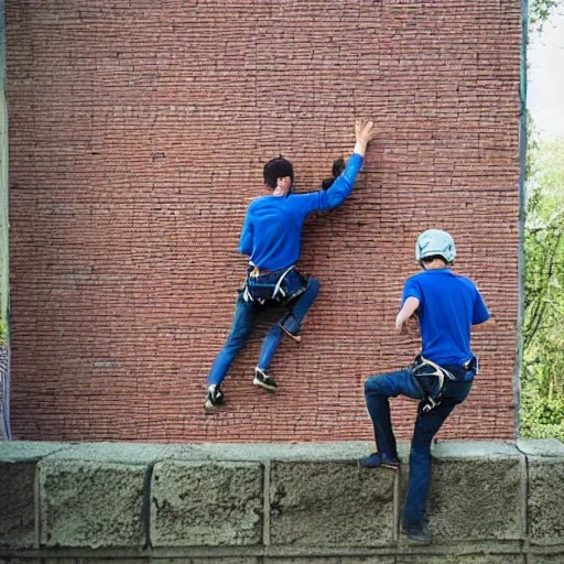 a photograph of three people climbing a brick wall Stable Diffusion