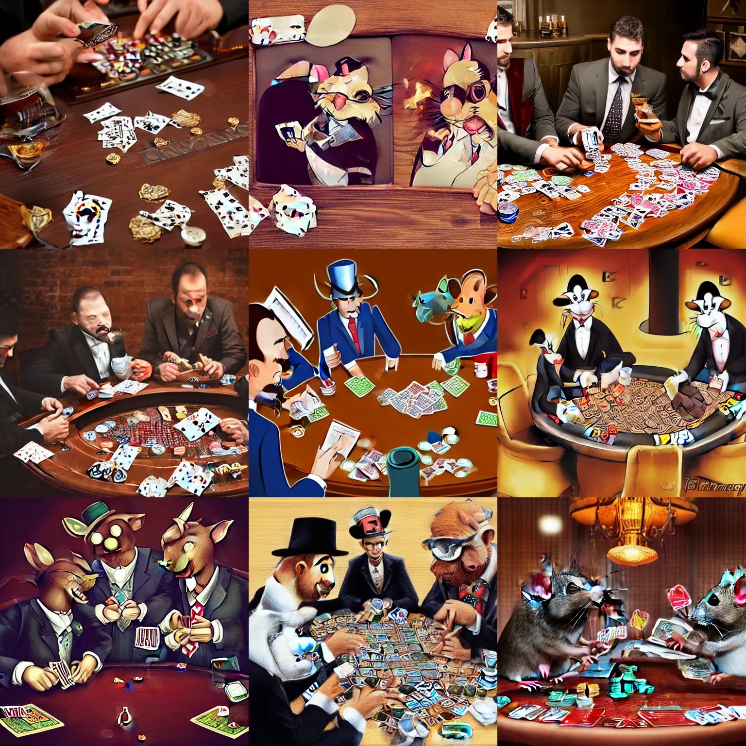 3 sharp dressed rats playing poker, cards, cigars, Stable Diffusion