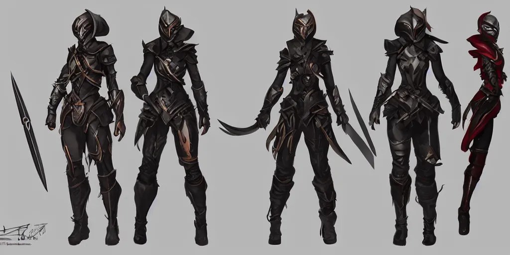 three different views of a rogue armor set with blades Stable Diffusion
