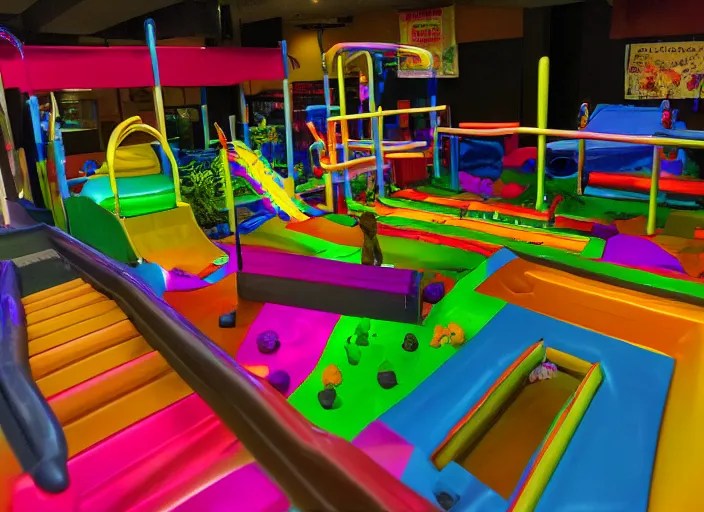 photo of a liminal indoor playground at night. Stable Diffusion