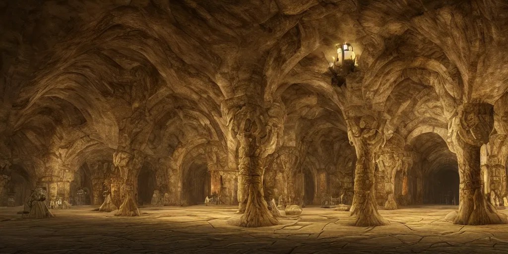 The Great Hall of Moria underground city by John Howe, Stable Diffusion