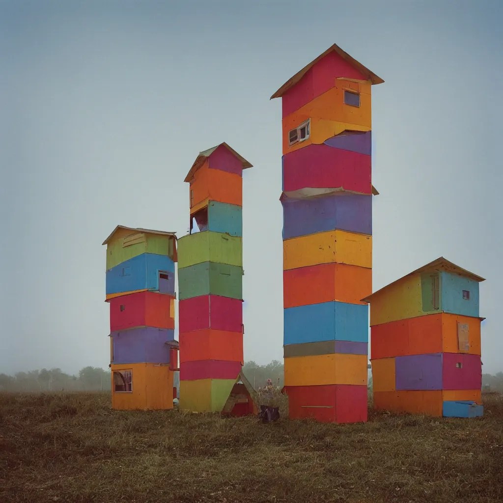 two colourful towers, made up of stacked makeshift Stable Diffusion
