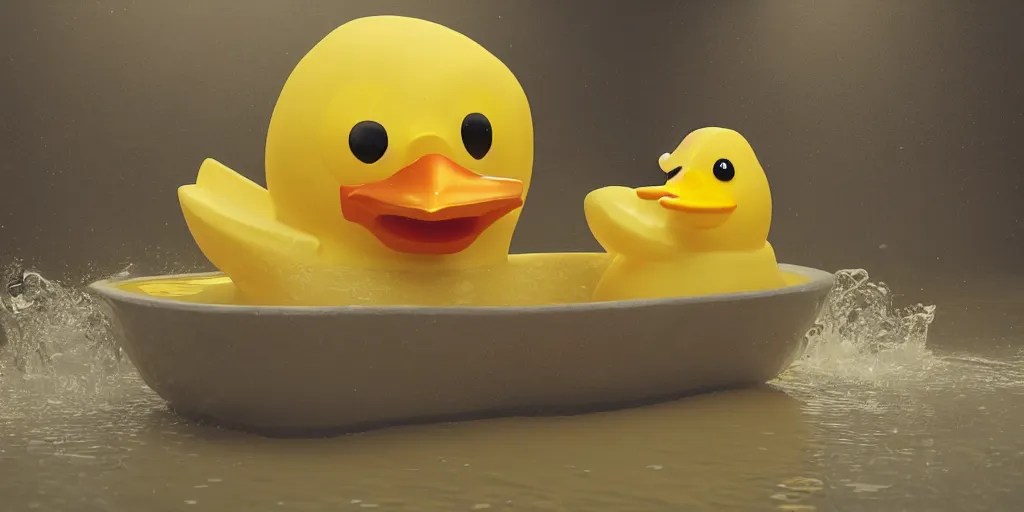 An Epic yellow rubber duck bathtub battle, realistic Stable Diffusion