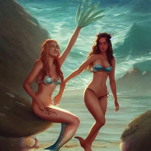mermaids wearing seashell bras beckoning sailors by Stable Diffusion