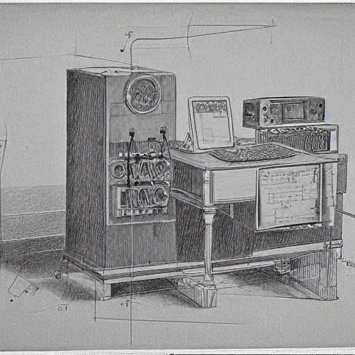 pencil drawing, technical drawing of a computer in 1895 Stable Diffusion