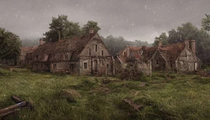 old abandoned medieval english village at rainy day, Stable Diffusion