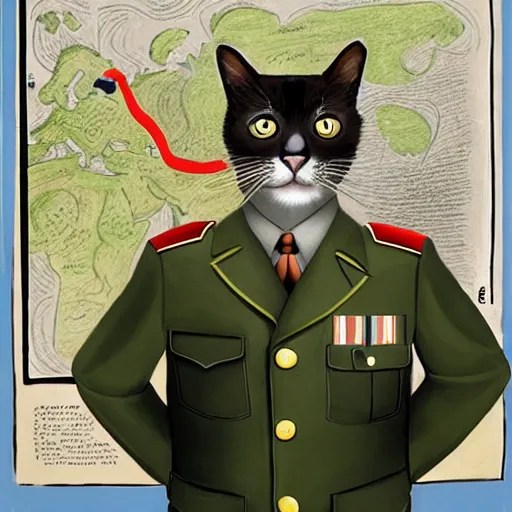painting of a cat in military uniform pointing at a Stable Diffusion