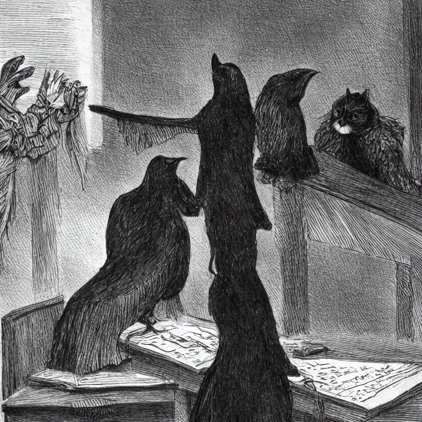 a crow wearing judges robes sentences a cat to death Stable Diffusion