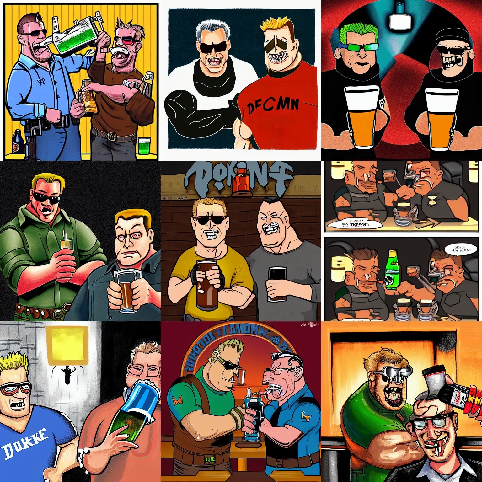 duke nukem and the doom guy drinking beers at a bar Stable Diffusion