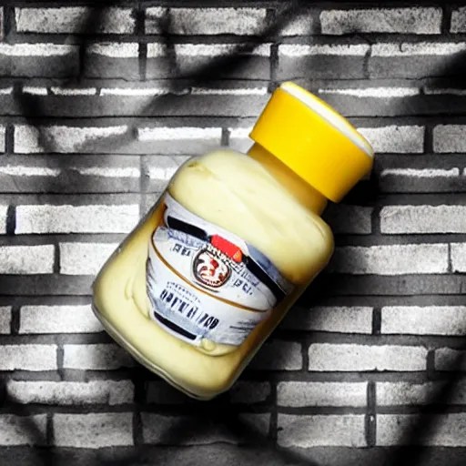 a jar of mayonnaise wearing a prison uniform in a Stable Diffusion