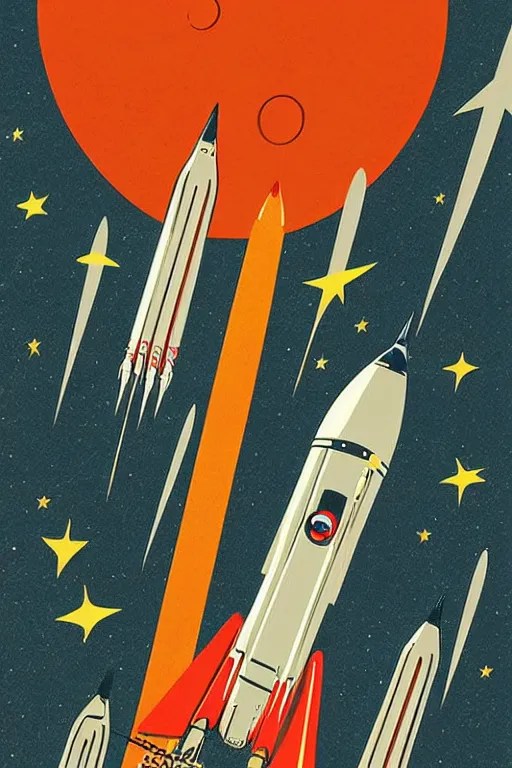 poster art of a retro rocket launching. retro space Stable Diffusion