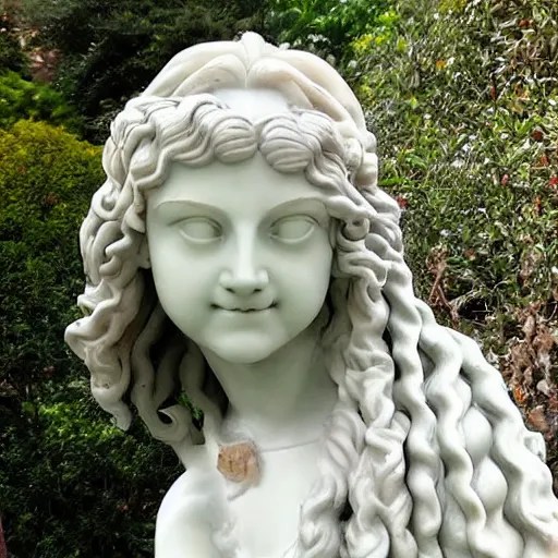 statue in a garden, female medusa long hair, marble Stable Diffusion