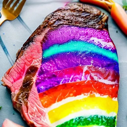 a prime unicorn steak. rainbow colored meat with Stable Diffusion