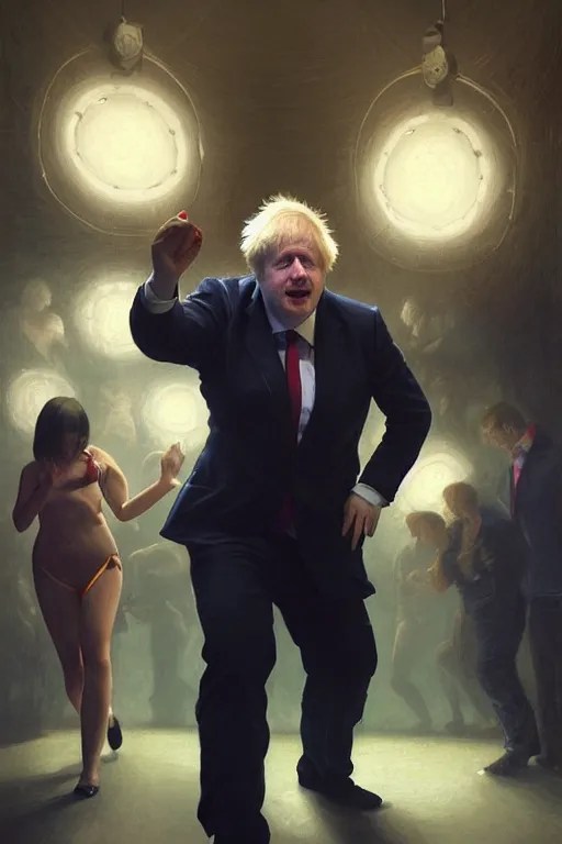 boris johnson dancing in a anatomy, bathed Stable