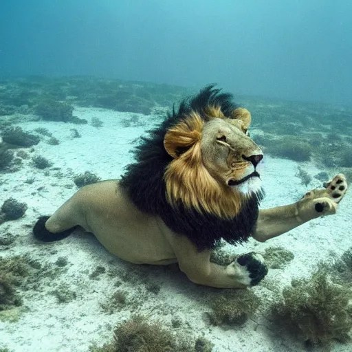 photo of lion swimming underwater, Stable Diffusion