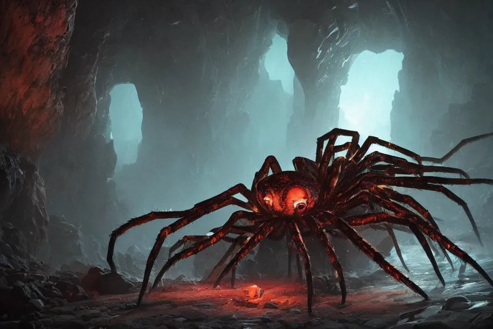giant spider monster deep underground, glowing rocks Stable Diffusion