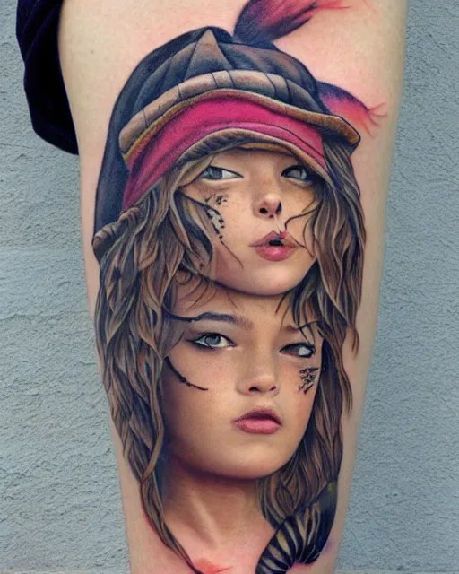 a girl with a tiger hat tattoo, hyper realistic, hyper Stable