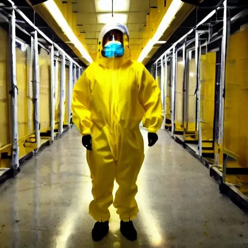 a man wearing a yellow hazmat suit inside the dark Stable Diffusion