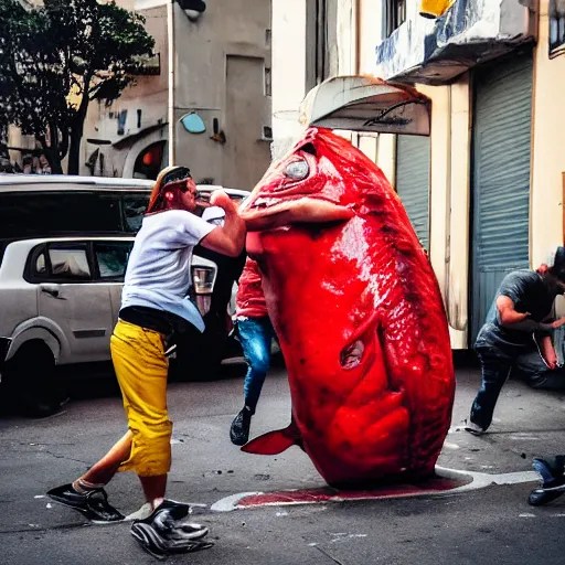 A street fight between a human sized tuna and a Stable Diffusion