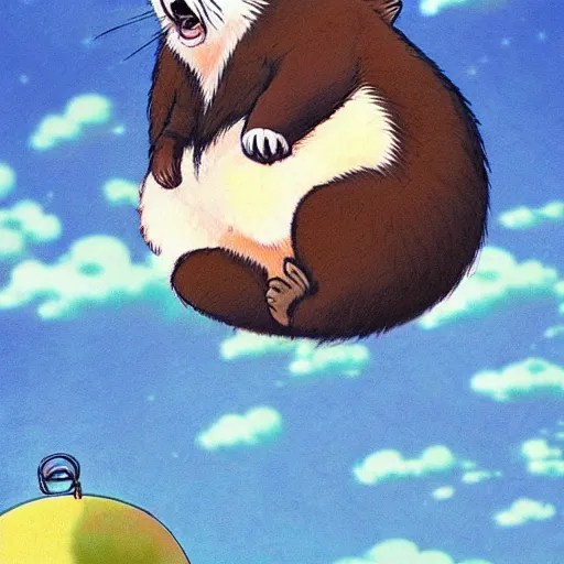 a japanese tanuki flying in the sky with large balls, Stable Diffusion