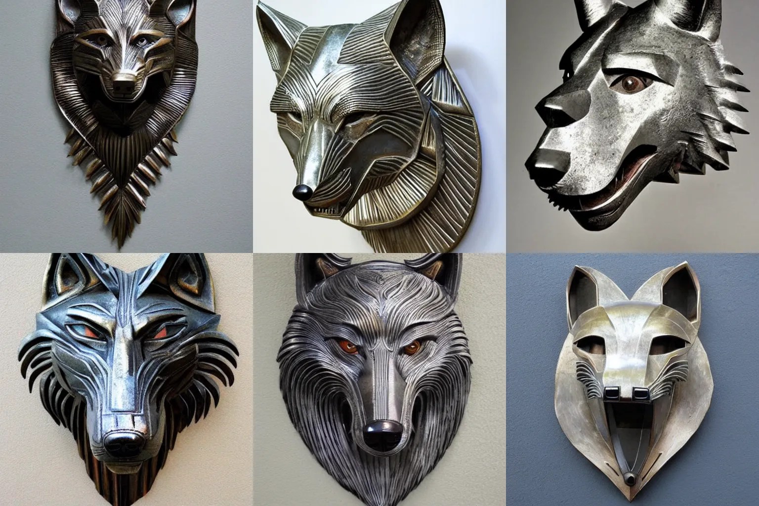 Art Deco metal sculpture of a wolf head, awesome Stable Diffusion
